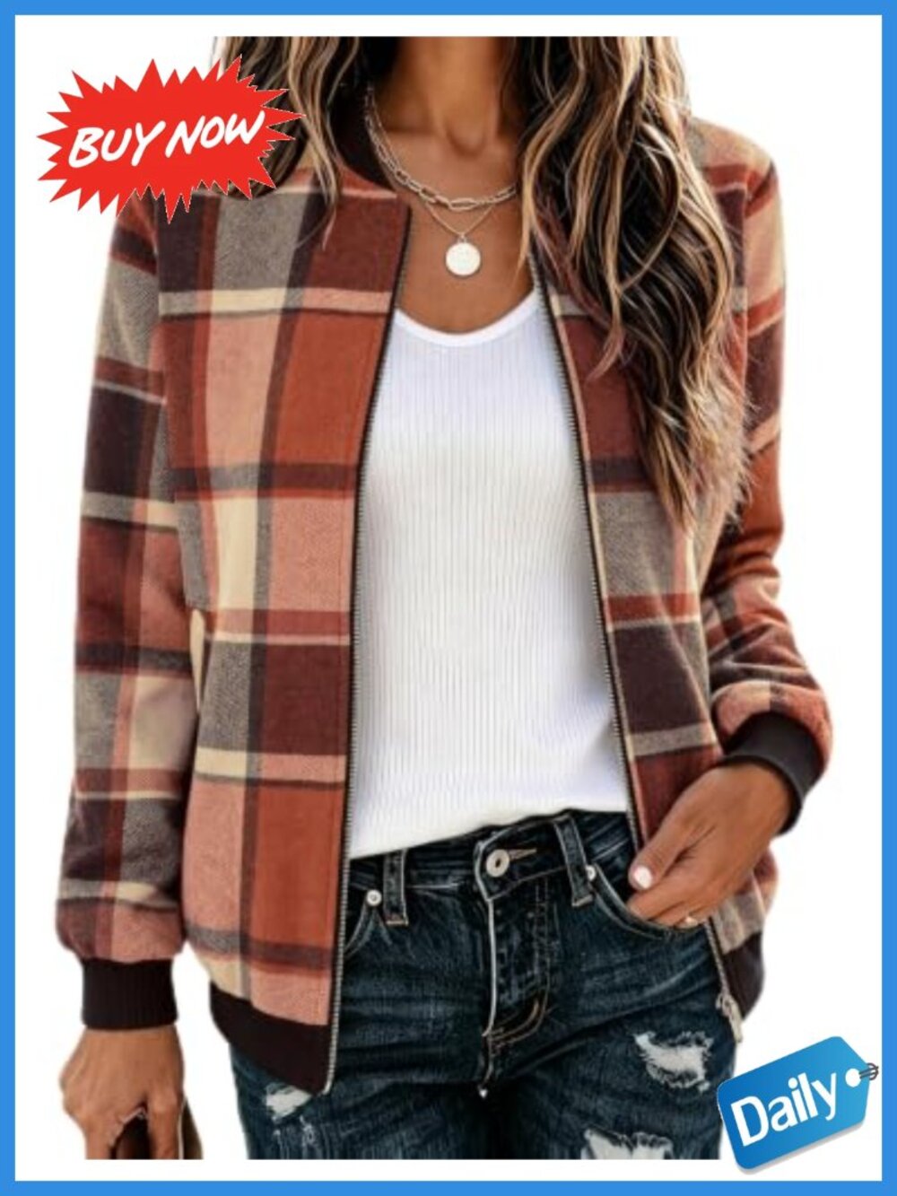 Lightweight Plaid Flannel Bomber Jacket Zip Up Women's Coat